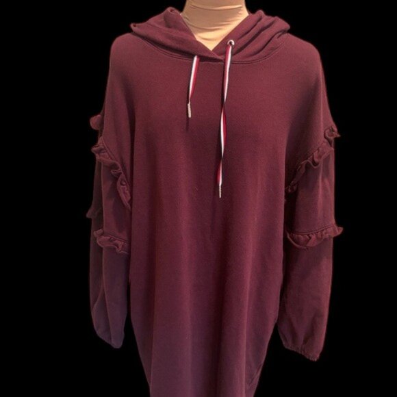 Tommy Hilfiger Dresses & Skirts - Tommy Hilfiger Burgundy Hooded Dress with ruffle detailed sleeves XL